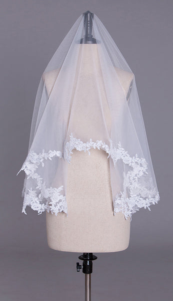 Mid Length Wedding Veil With Lace Applique Border