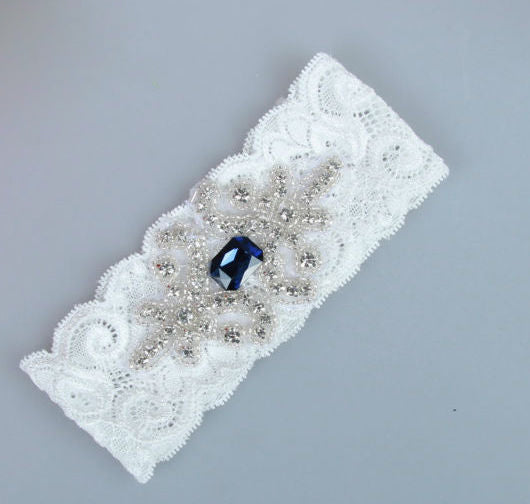 Crystal & Sapphire Blue Applique Lace Wedding Garter