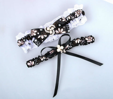 Black Printed Ribbon Wedding Garter Set