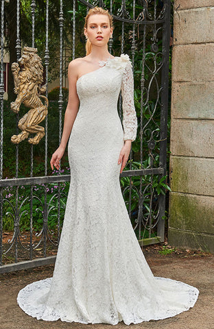 One Shoulder Long Sleeved Wedding Gown