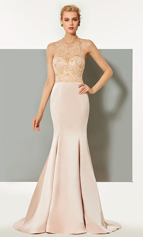 Nude Pink Elegant Mermaid Halter Gown