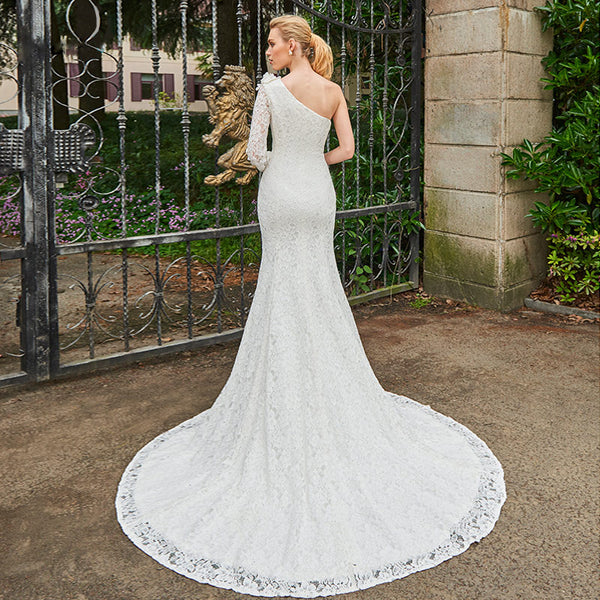 One Shoulder Long Sleeved Wedding Gown