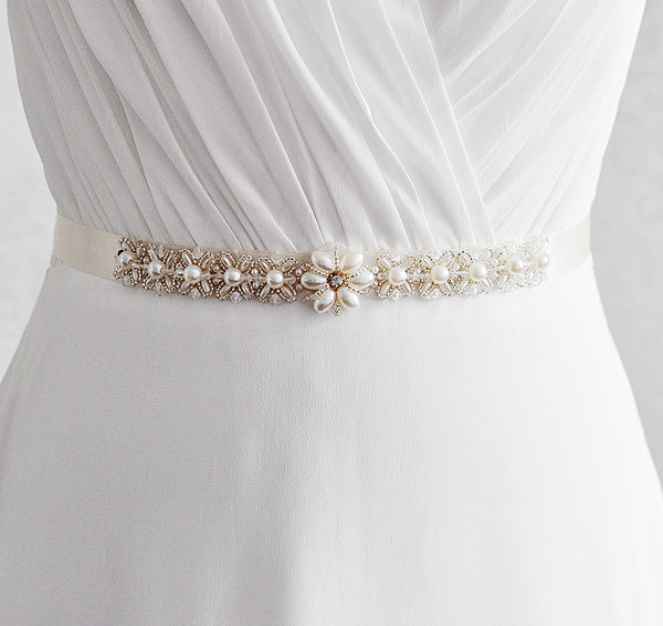 Crystal Pearl Wedding Sash (Various Colours)