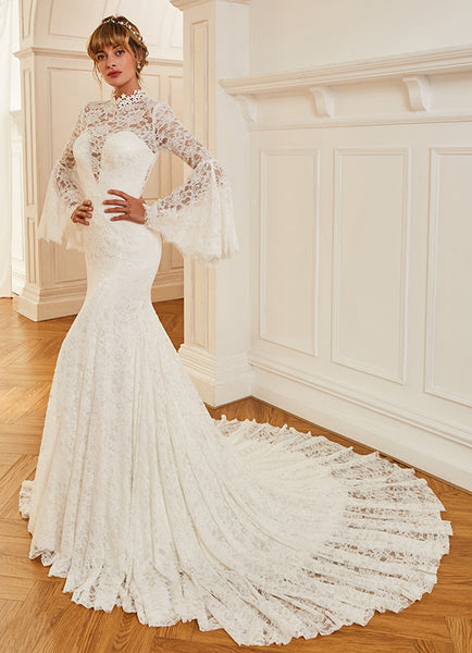High Neck Bell Sleeved Wedding Gown