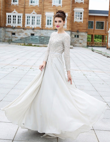 Chic Long Sleeved Beaded Wedding Gown