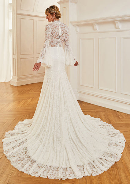 High Neck Bell Sleeved Wedding Gown
