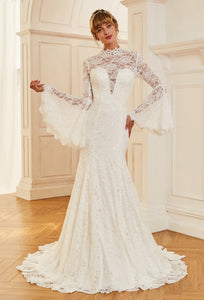 High Neck Bell Sleeved Wedding Gown