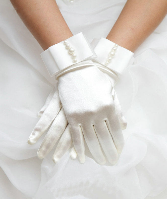 Pearl Beaded Satin Wrist Gloves