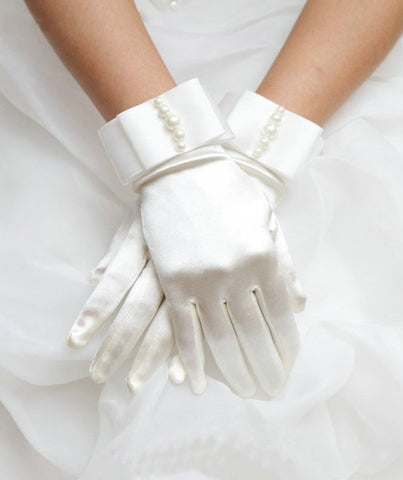 Pearl Beaded Satin Wrist Gloves
