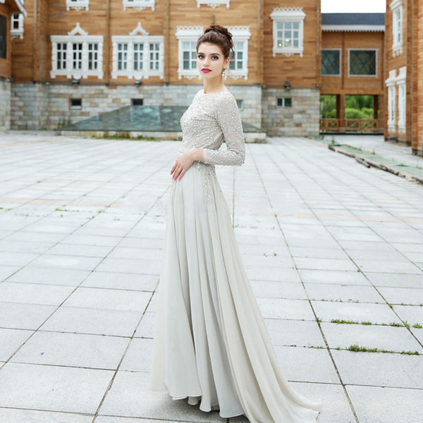 Chic Long Sleeved Beaded Wedding Gown