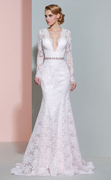 V-neck Long Sleeved Fishtail Wedding Dress