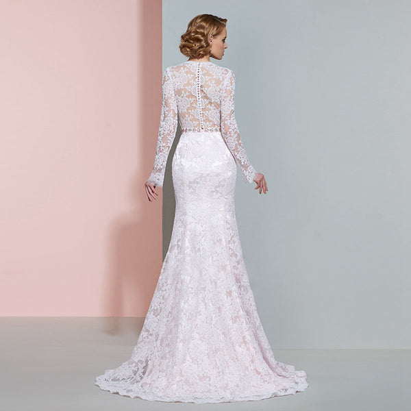 V-neck Long Sleeved Fishtail Wedding Dress