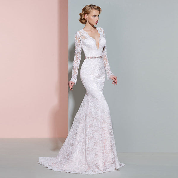 V-neck Long Sleeved Fishtail Wedding Dress