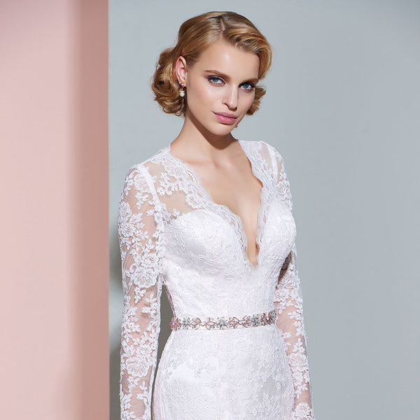 V-neck Long Sleeved Fishtail Wedding Dress
