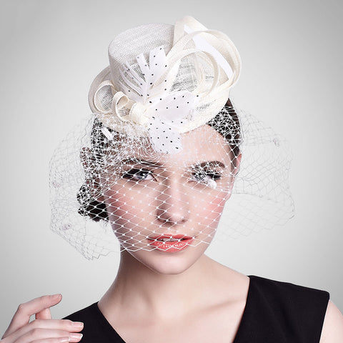 Ivory Fascinator Hat With Birdcage Veil & Dotted Feather