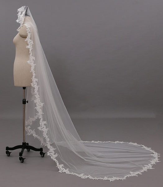 Cathedral Length Wedding Veil With Lace Applique Border