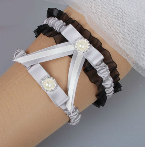 Grey & Black Ribbon Wedding Garter Set