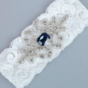 Crystal & Sapphire Blue Applique Lace Wedding Garter