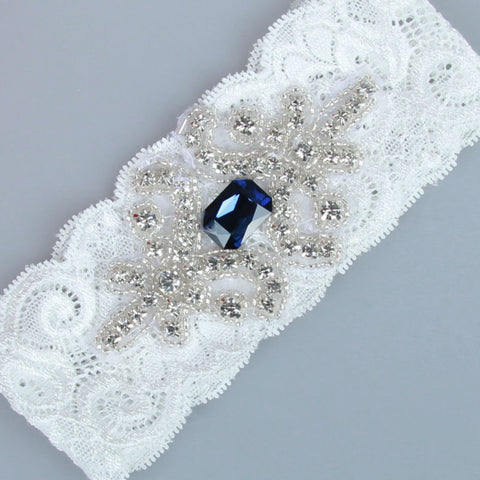 Crystal & Sapphire Blue Applique Lace Wedding Garter