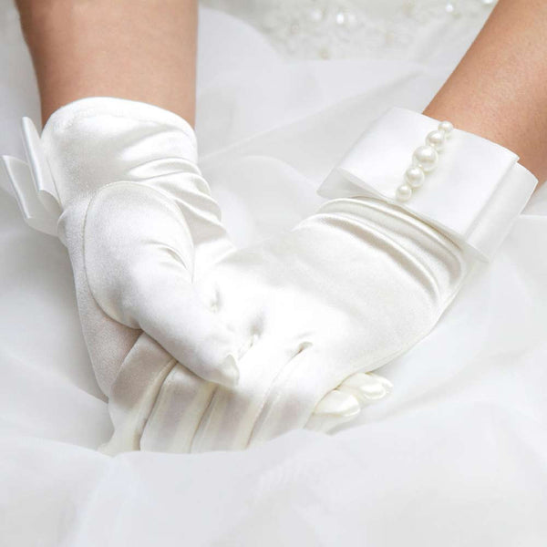 Pearl Beaded Satin Wrist Gloves