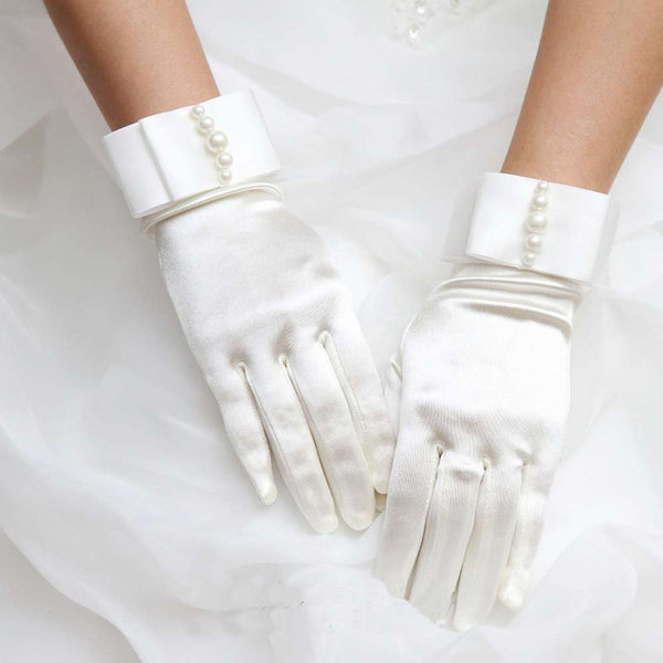 Pearl Beaded Satin Wrist Gloves