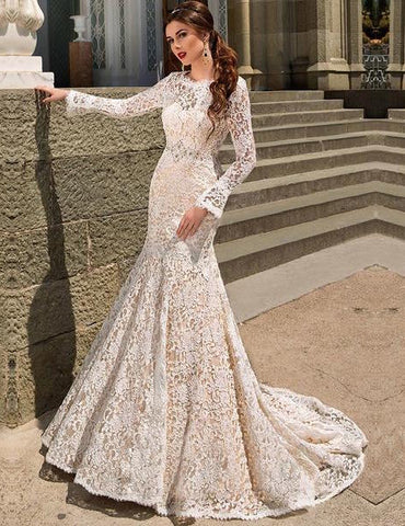 Mermaid Backless Long Sleeved Bridal Gown