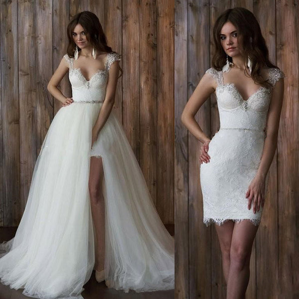 Sexy Backless Mini & Overskirt Wedding Gown