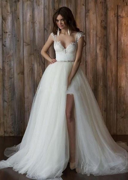 Sexy Backless Mini & Overskirt Wedding Gown