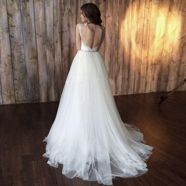 Sexy Backless Mini & Overskirt Wedding Gown
