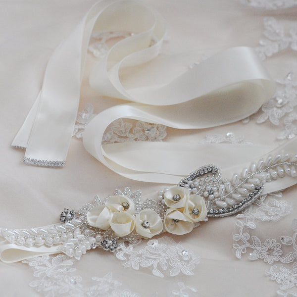 Pearl & Rhinestone Floral Bridal Sash (Various Colours)