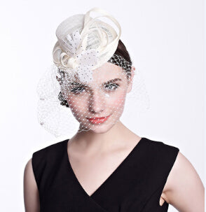 Ivory Fascinator Hat With Birdcage Veil & Dotted Feather