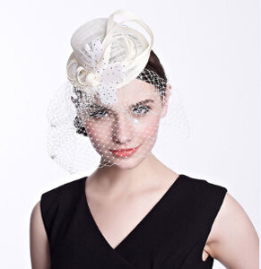 Ivory Fascinator Hat With Birdcage Veil & Dotted Feather