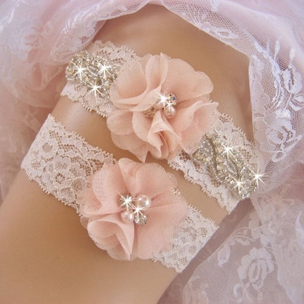 Floral, Lace & Rhinestone Wedding Garter Set